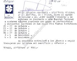 Tarjeta de invitación a Jaime Guzmán a reunión con profesionales y dirigentes juveniles en Araucanía