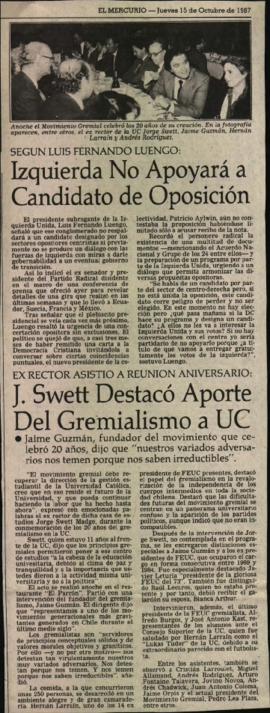 Ex rector asistió a reunión aniversario: J. Swett destacó aporte del Gremialismo a UC