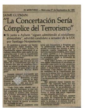 Prensa en El Mercurio. Jaime Guzmán: la Concertación sería cómplice del terrorismo